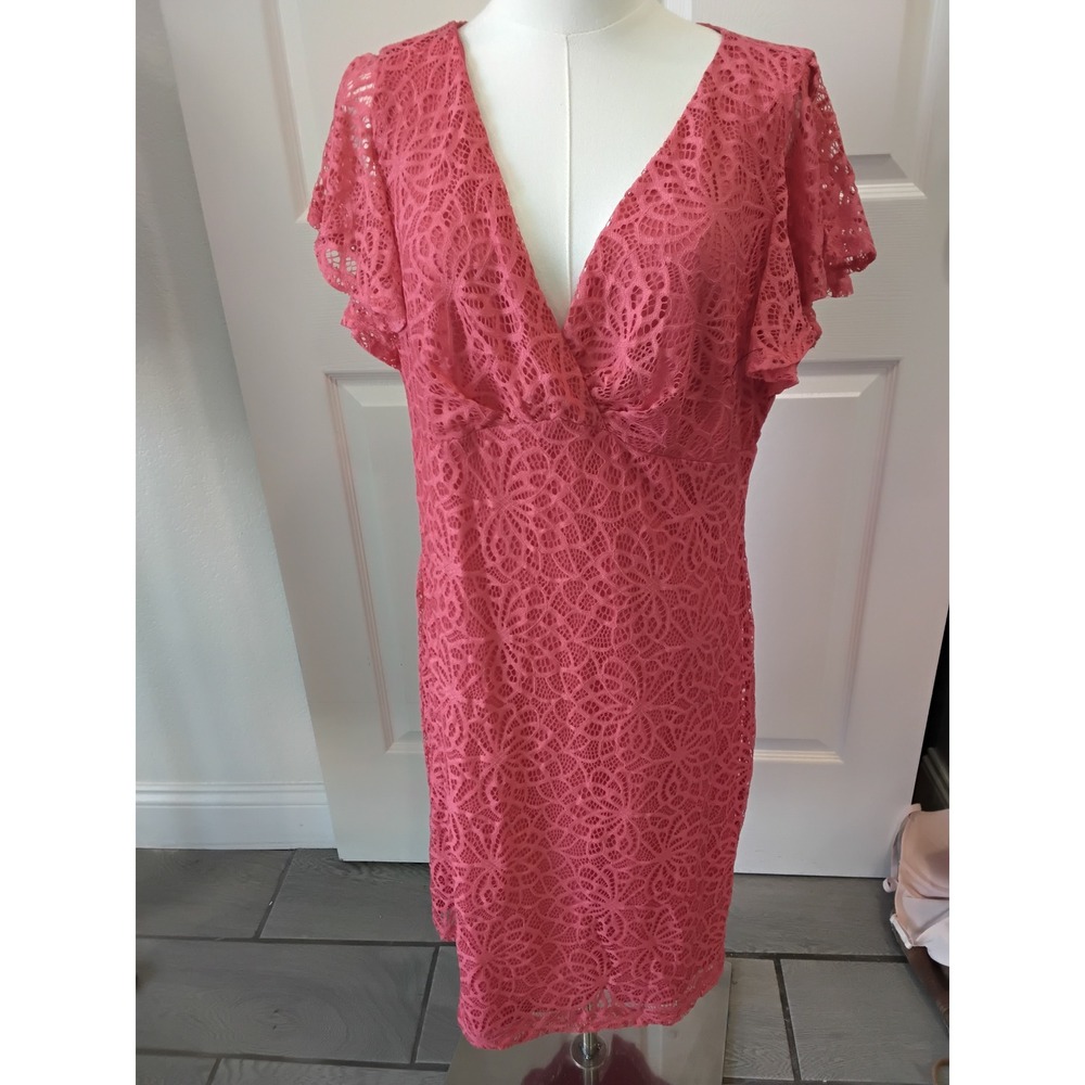 Chaps Coral Pink Floral Lace Flutter Sleeve V-Neck Sheath Dress Womens 14